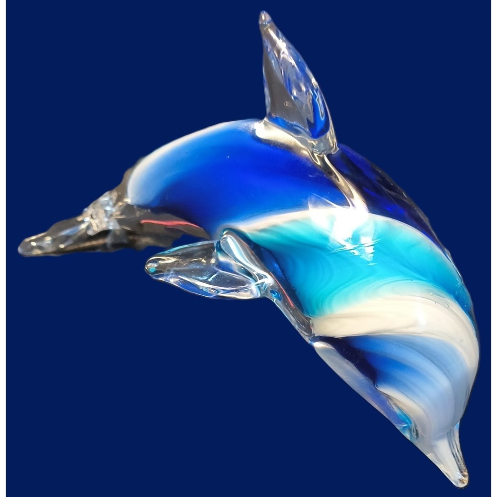 Art Glass‎ Dolphin Figurine Blue White Swirl Hand Blown Ocean Sea Life Decor - Picture 4 of 6